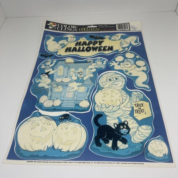 VTG Halloween Window Clings Glow In The Dark Pumpkins Ghosts Spider 2 sheets - Picture 2 of 12
